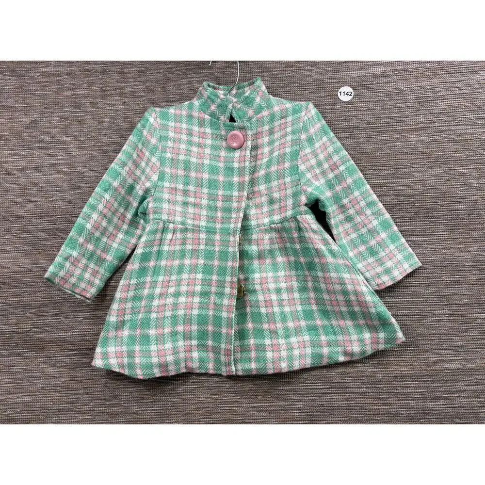 The Beaufort Bonnet Company Coat Girls 18-24 Months Green Plaid Lined Peacoat
